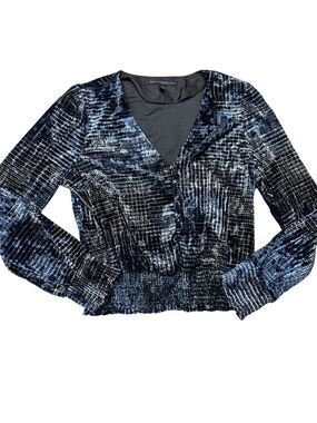 White House Black Market Navy & Black Velvet V-Neck Smocked Blouse